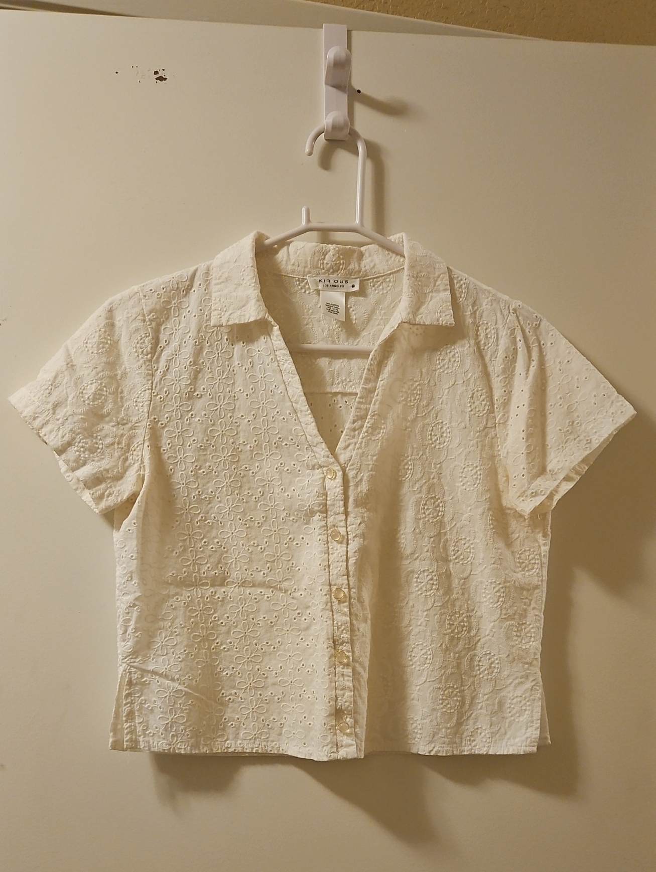 White Short Sleeve Eyelet Button-Front Crop Top (Kirious)